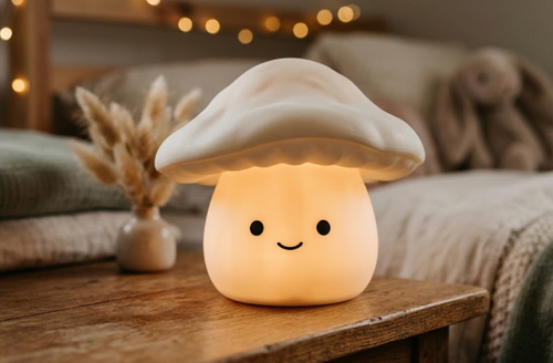 Gros plan sur la veilleuse champignon Pouffy en silicone doux, lumière chaude allumée