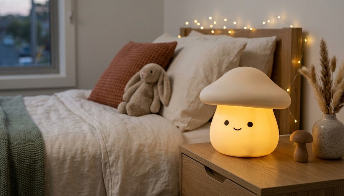 Veilleuse champignon Pouffy allumée sur la table de chevet d'une chambre d'enfant
